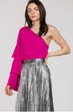 magenta one shoulder blouse with ruffle sleeve